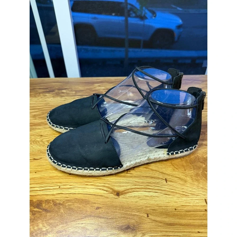 Eileen Fisher Black Lace Nubuck Lace Up Espadrille Flats Back Zip Size 8.5